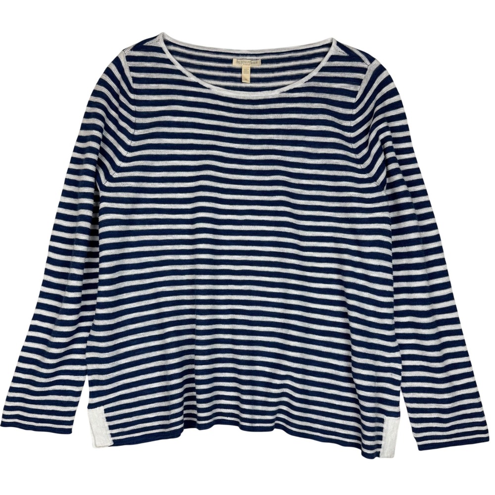 Eileen Fisher Organic Linen Cotton Striped Knit Sweater Women 2X Blue White Chic